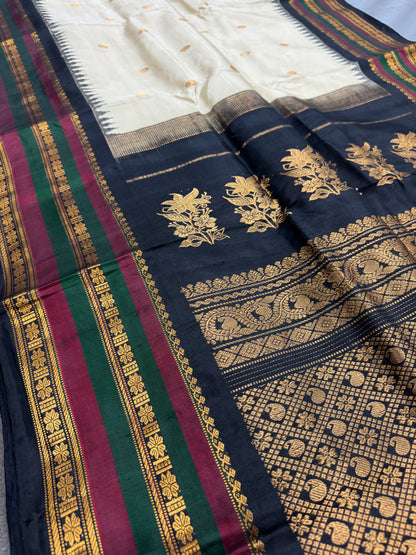 Charulata : Silk Mark Certified  Kanchi Gadwal Silk Saree in Rich Cream Color image 2