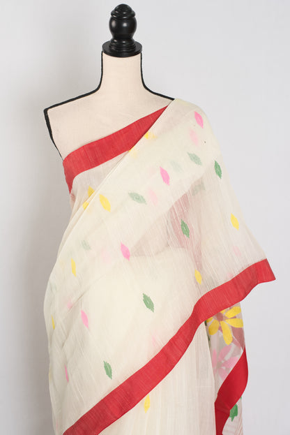Balaka: White & Red Bengal Linen-Cotton Saree | Traditional Lal-Par Saree image 6