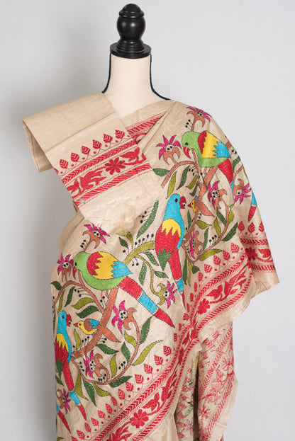 Kavitha : Pure Gachi Tussar Hand Embroidered Kantha Stitch Saree image 3