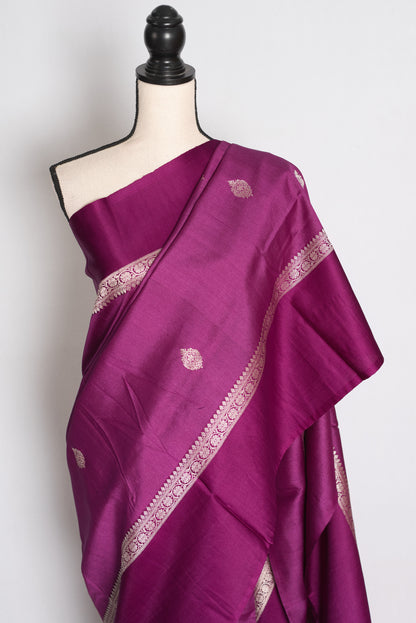 Girish : Deep Plum Tussar Silk Banarasi Handwoven Saree with Solid Satin Border image 5