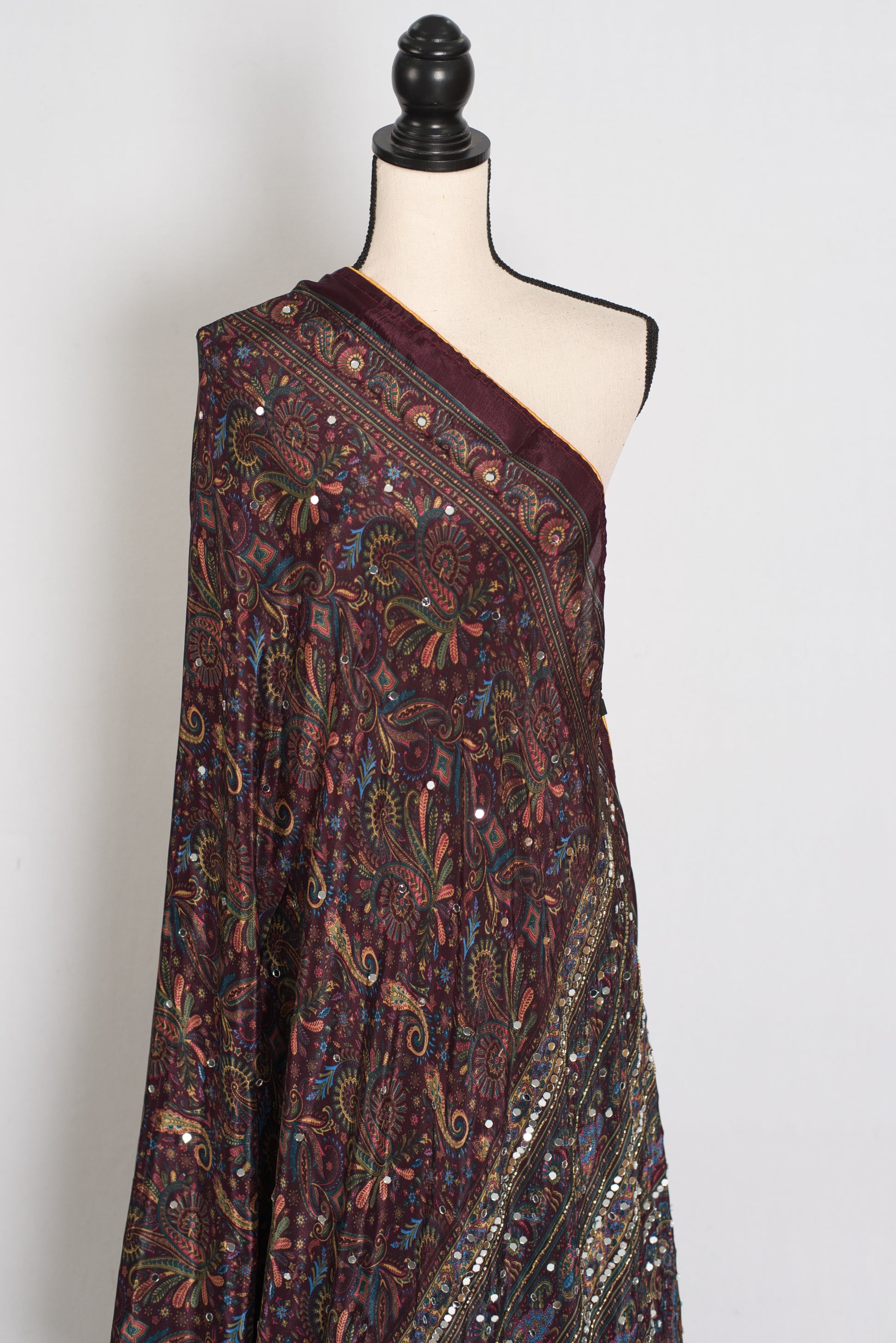 Nirja | Purple Kalamkari Printed Mirror Work Saree | Soft Semi Modal Silk image 4