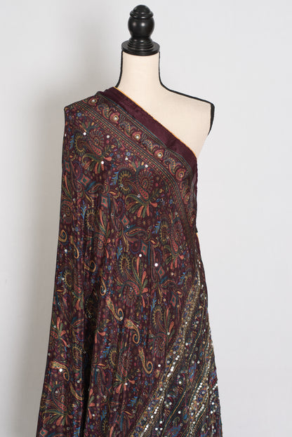 Nirja | Purple Kalamkari Printed Mirror Work Saree | Soft Semi Modal Silk image 4