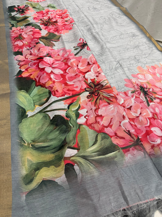 Ila | Grey & Vibrant Pink Floral Printed Semi Tussar Saree image 0