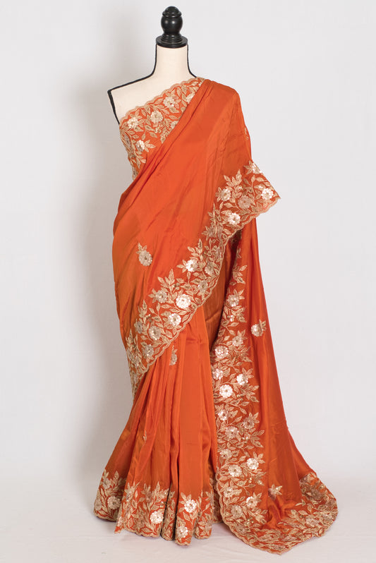 Suman: Rusty Orange Organza Silk Saree with Gota Patti 36 Size Stitched Blouse image 0