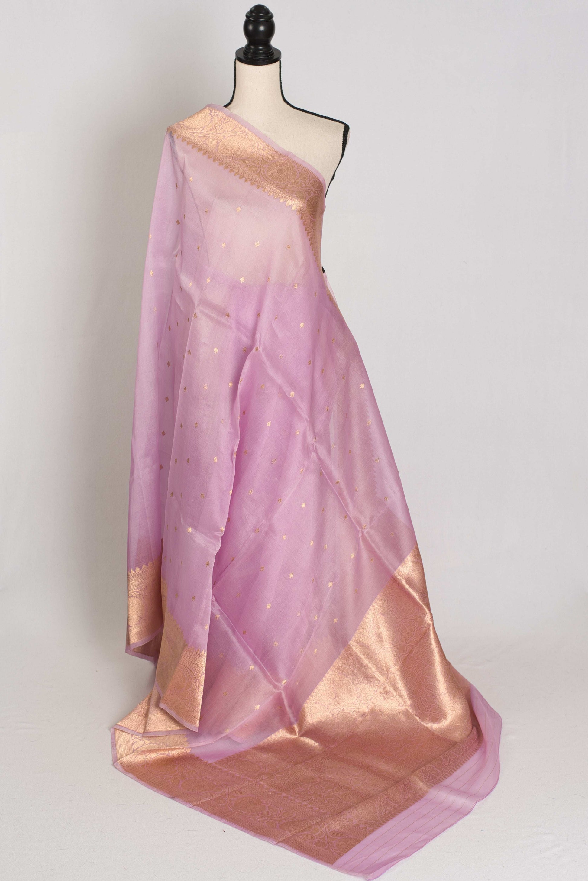 Afrin : Silk Mark Certified Mauve Kora Organza Banarasi Saree with Golden Zari image 1
