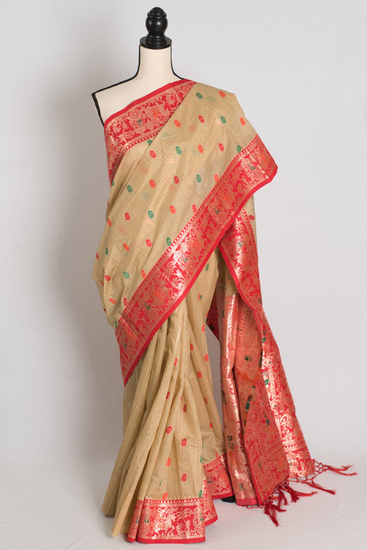 Mritika: Budget Friendly Blended Cotton Baluchari Saree in Beige and Red image 0