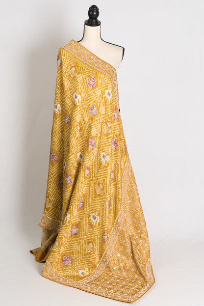 Hiya : Hand Embroidered Petai Zardosi Mirror Work Bandhani Saree in Yellow image 1