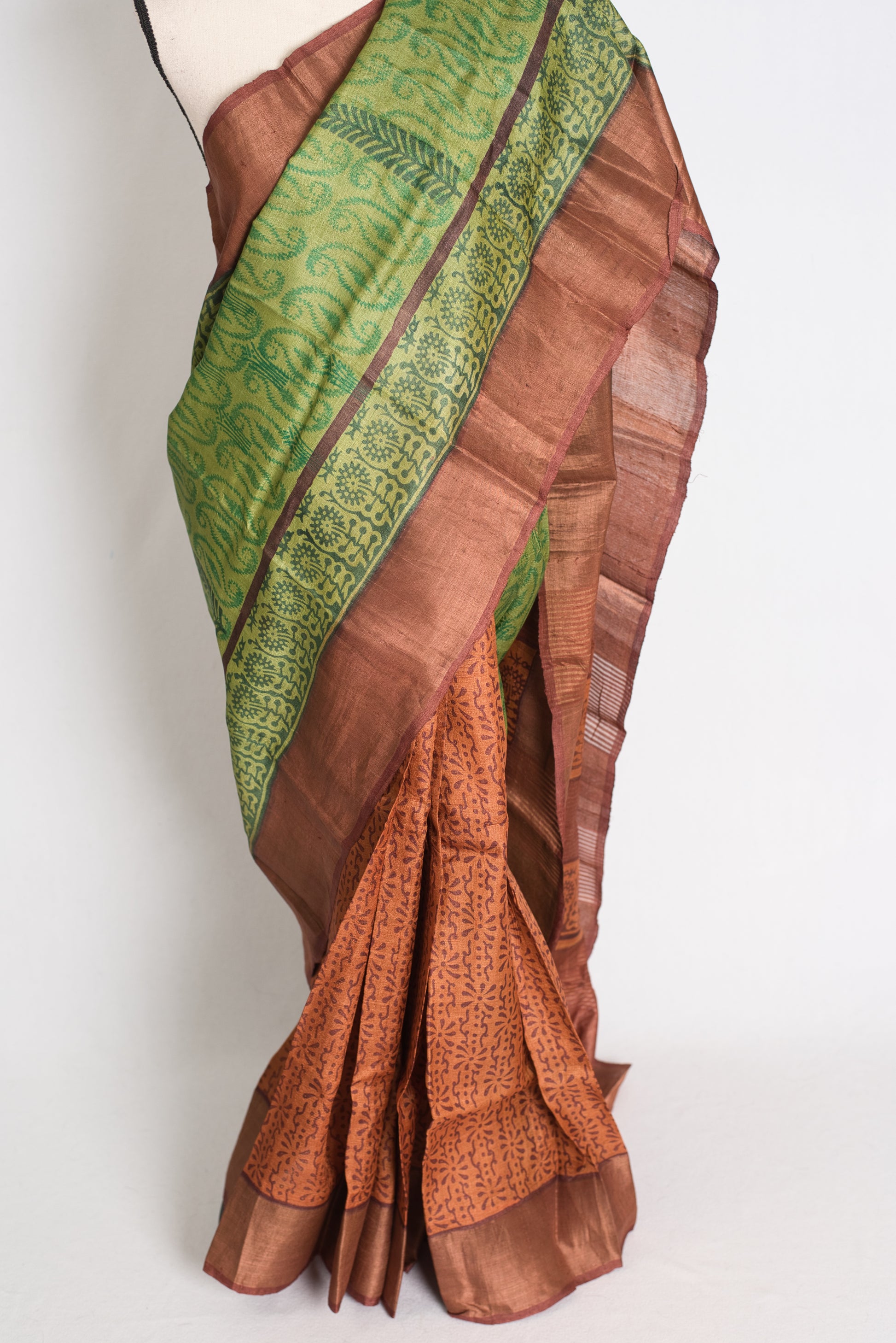 Supriya: Hand Block Printed Tussar Silk Saree in Half and Half Design image 3