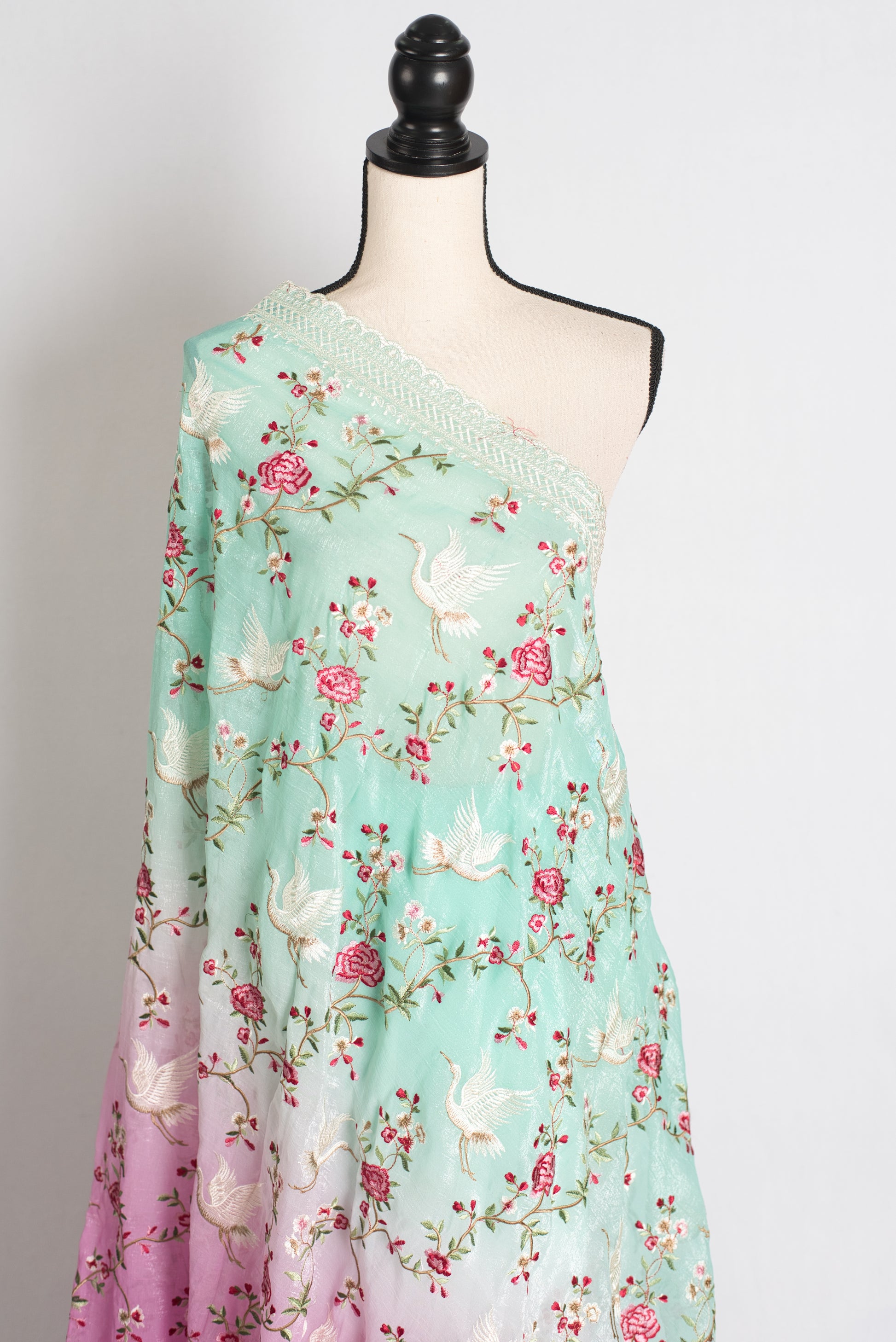 Farah : Sea Green and Pink Parsi Embroidery Designer Tissue Saree image 4