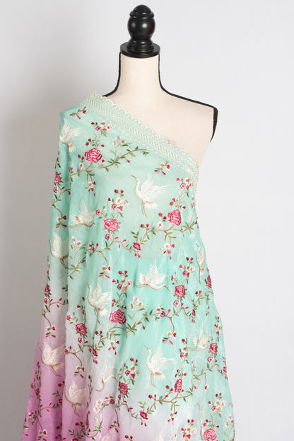 Farah : Sea Green and Pink Parsi Embroidery Designer Tissue Saree image 4