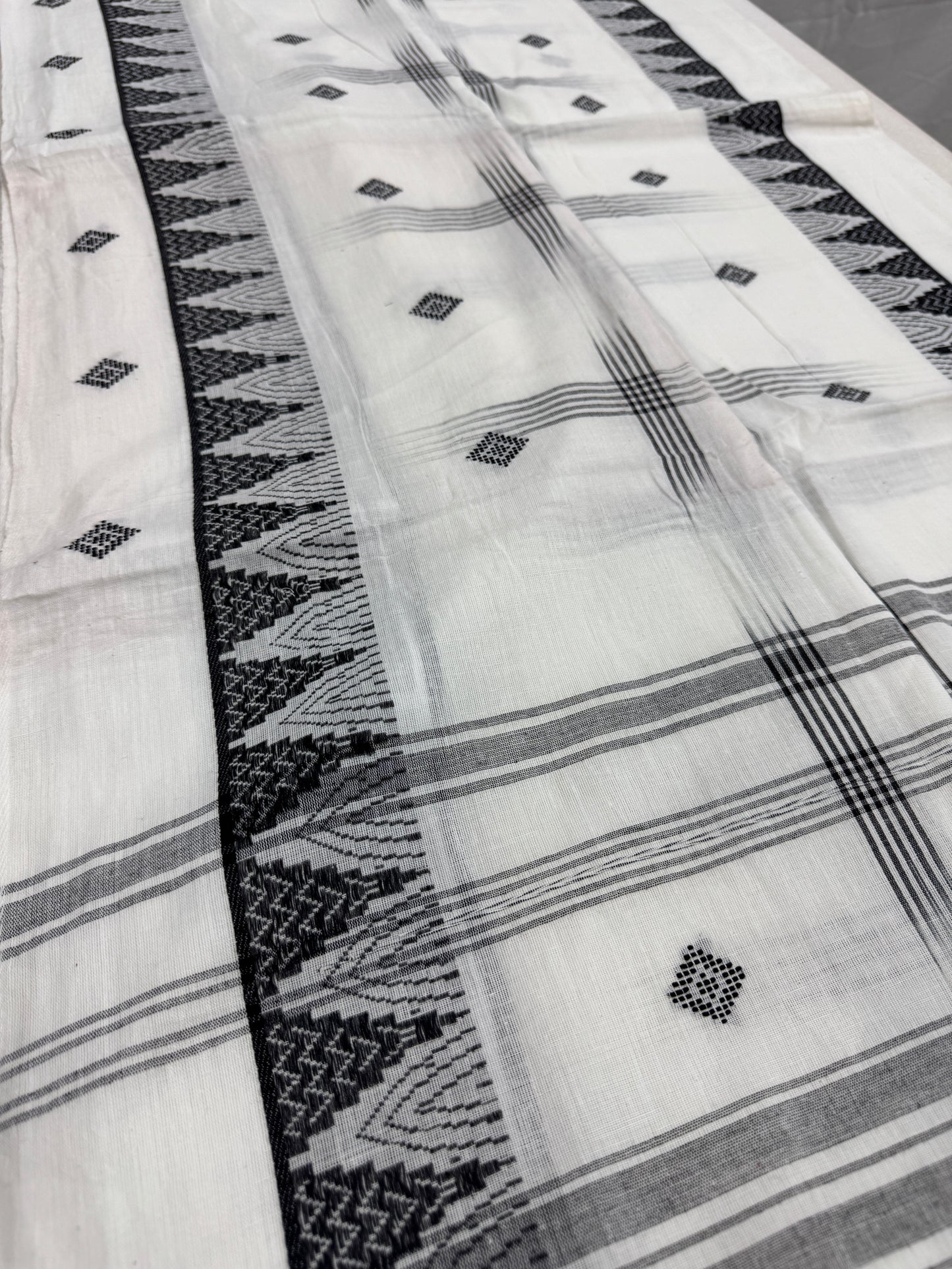 Maya : Off White and Black Soft Cotton Dhaniakhali Saree with Temple Border image 1
