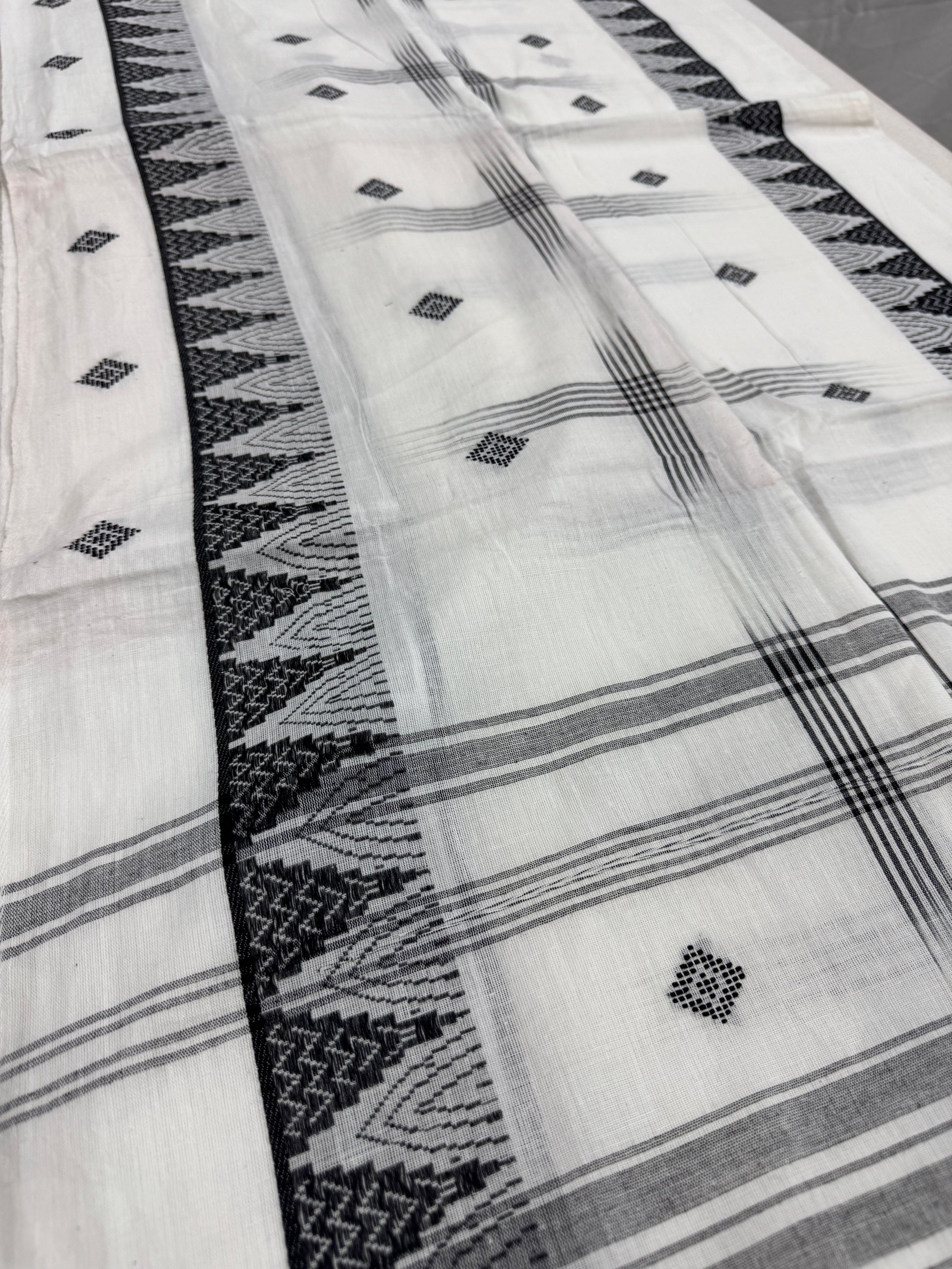 Maya : Off White and Black Soft Cotton Dhaniakhali Saree with Temple Border image 1