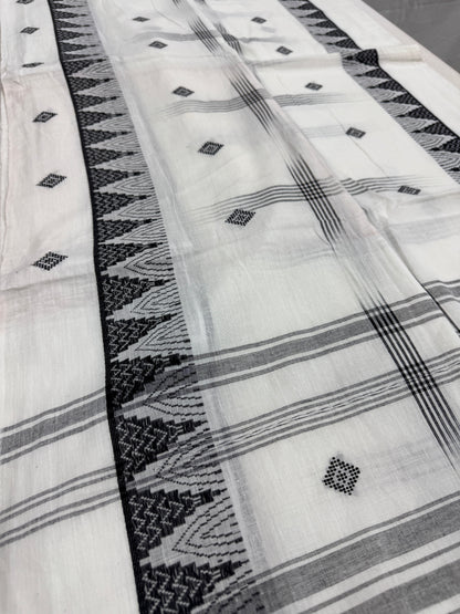 Maya : Off White and Black Soft Cotton Dhaniakhali Saree with Temple Border image 1
