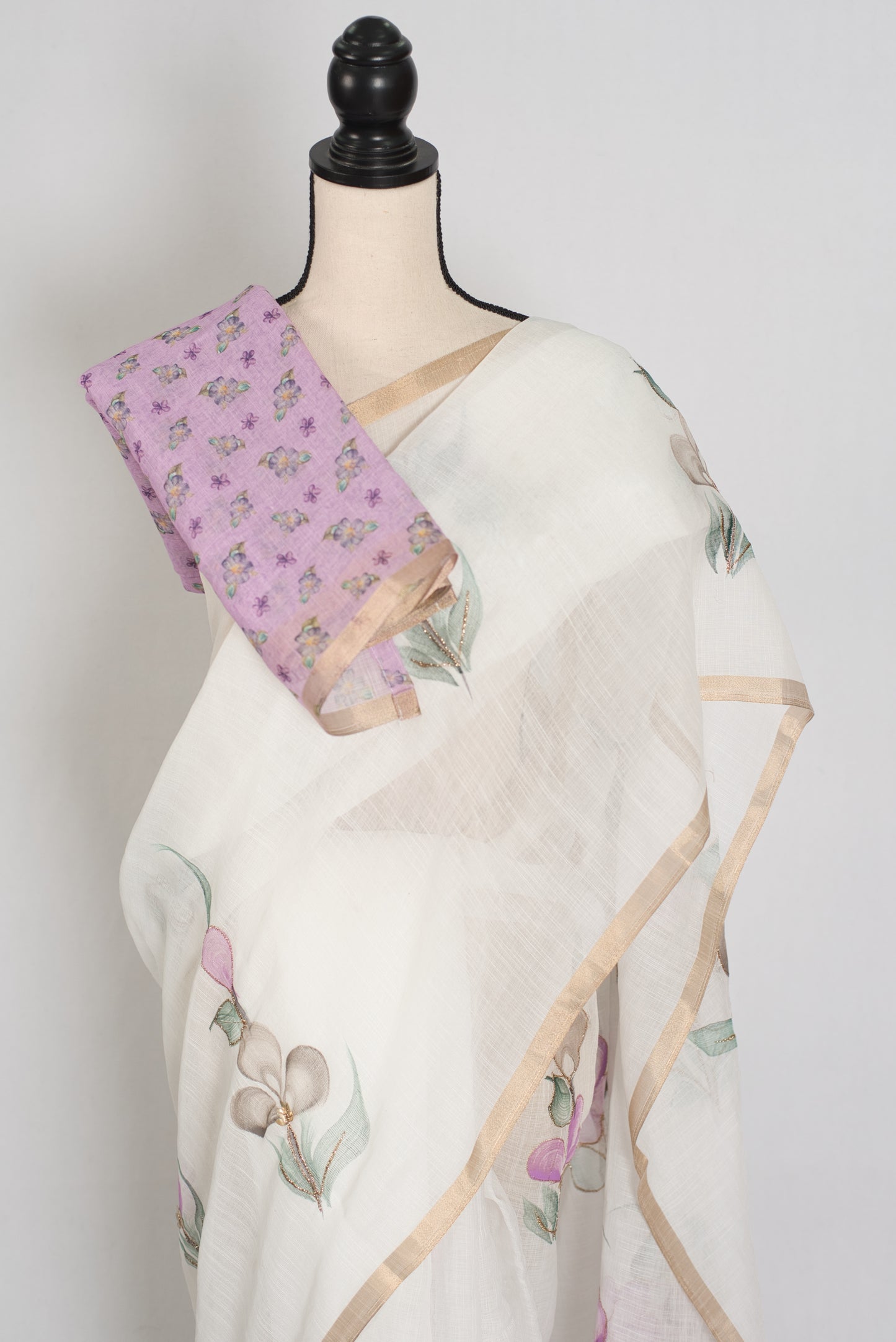 Sree | White Hand-Painted Cotton Saree | Floral Embroidery Highlights image 2