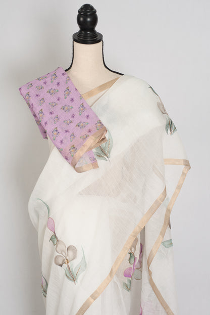 Sree | White Hand-Painted Cotton Saree | Floral Embroidery Highlights image 2