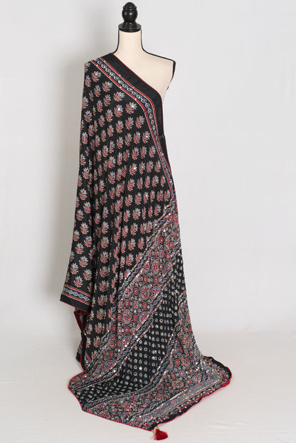 Afrin | Black Ajrakh Printed Saree | Mirror Work Semi Modal Silk image 1