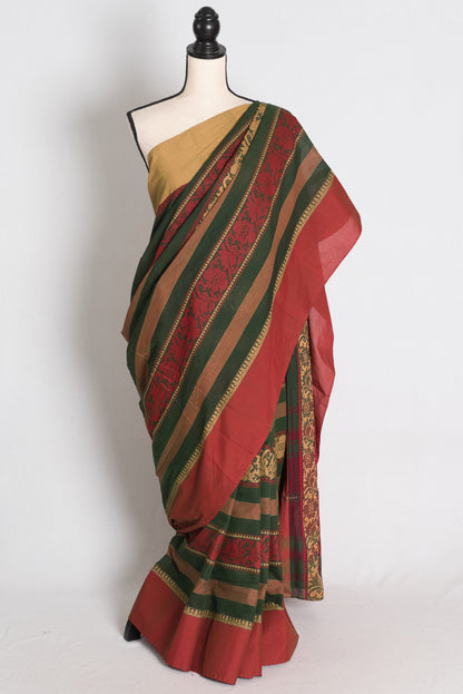 Bottle Green and Red Dhaniakhali saree — view