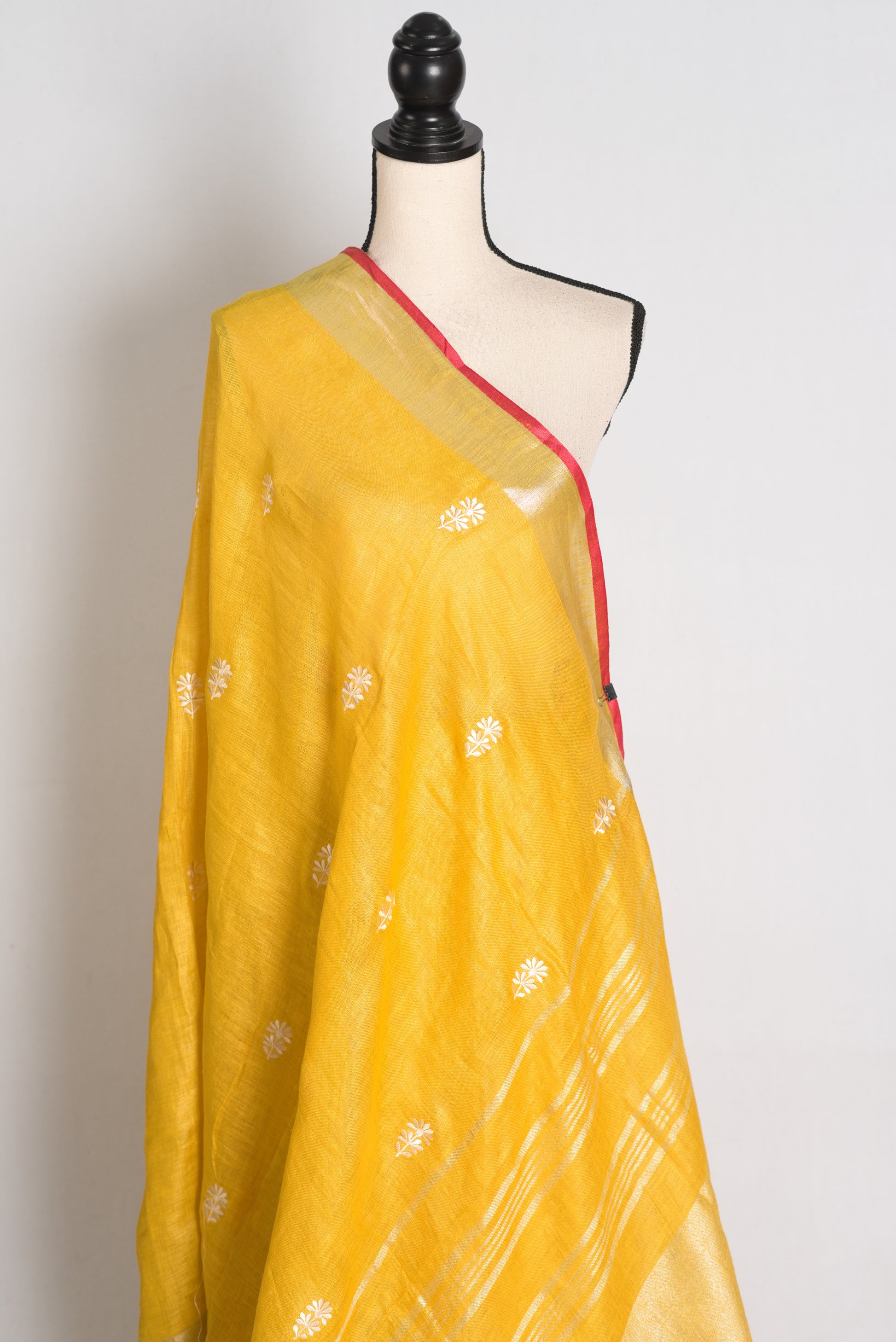 Diya : Yellow Machine Embroidered Pure Linen Saree with Silver Zari Border image 3