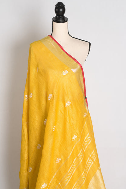 Diya : Yellow Machine Embroidered Pure Linen Saree with Silver Zari Border image 3