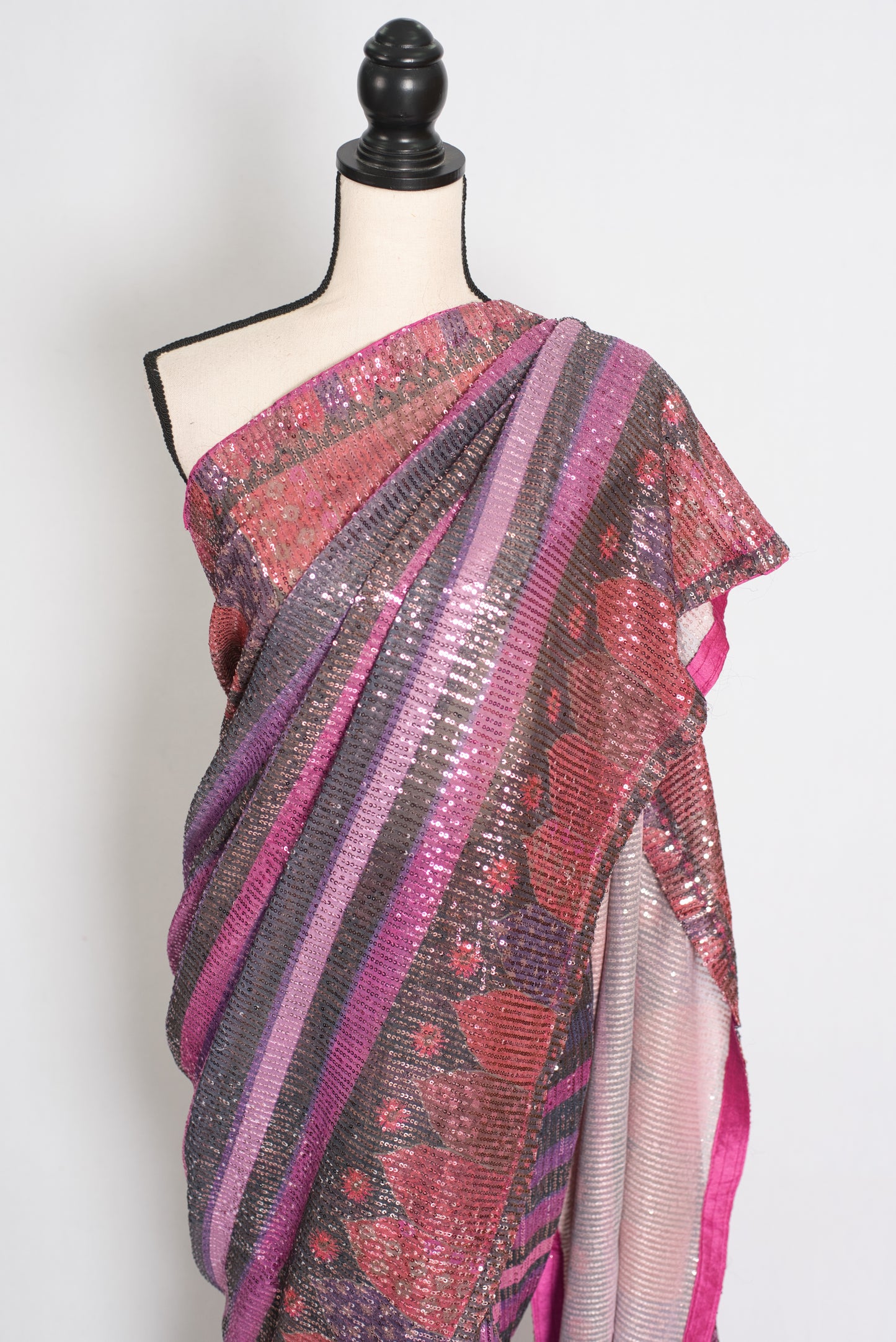 Ruhi | Pink Designer Sequin Saree | Bollywood Style Multi-Tonal Striped Shimmer image 5