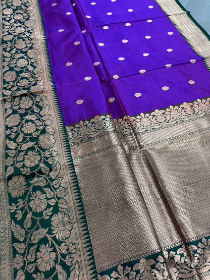Hemlata : Silk Mark Certified Banarasi Silk Saree in Purple and Green image 2