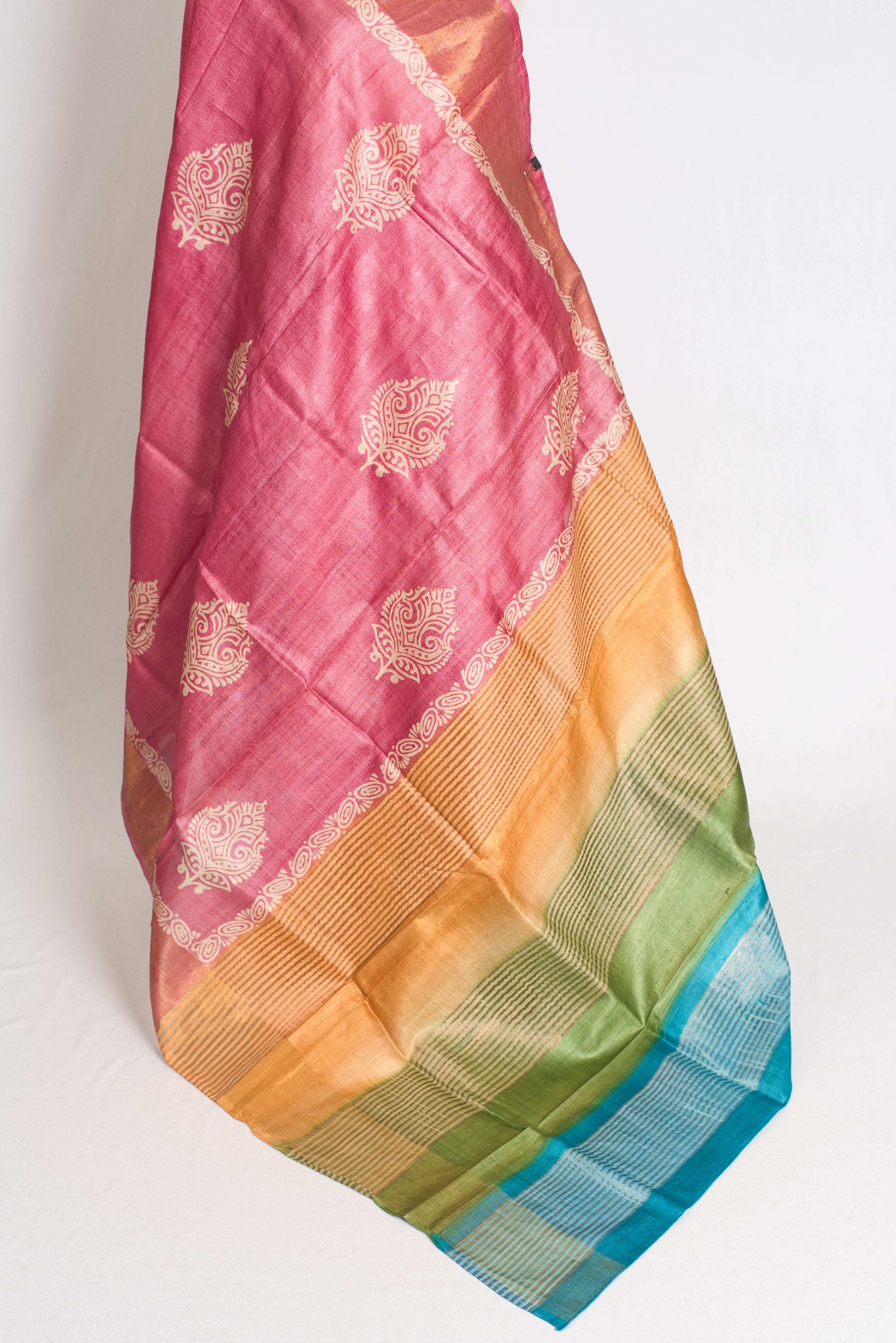 Bela: Hand Block Printed Pink Tussar Silk Saree with Tri-Color Pallu image 3