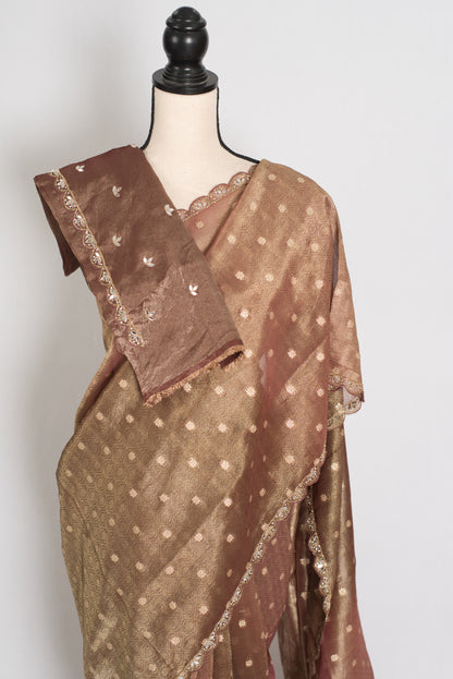 Rashmi: Brown Soft Tissue Saree with Hand Zardosi Embroidery | Partywear image 2