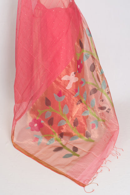 Kusum: Coral Pink & Gold Muslin Cotton Jamdani Saree | Sequin Weaving image 4