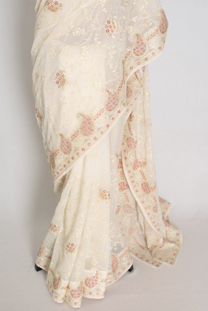 Shaba : Off-White Georgette Embroidered Cocktail Partywear Saree image 5