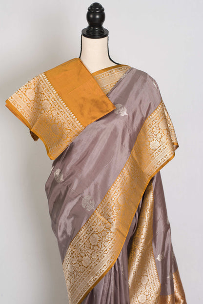 Basuri : Certified Silk Banarasi Saree in English Brown with Silver Zari image 2