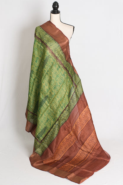 Supriya: Hand Block Printed Tussar Silk Saree in Half and Half Design image 1