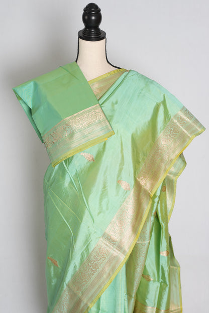 Sea Green and Gold Banarasi saree — drape view