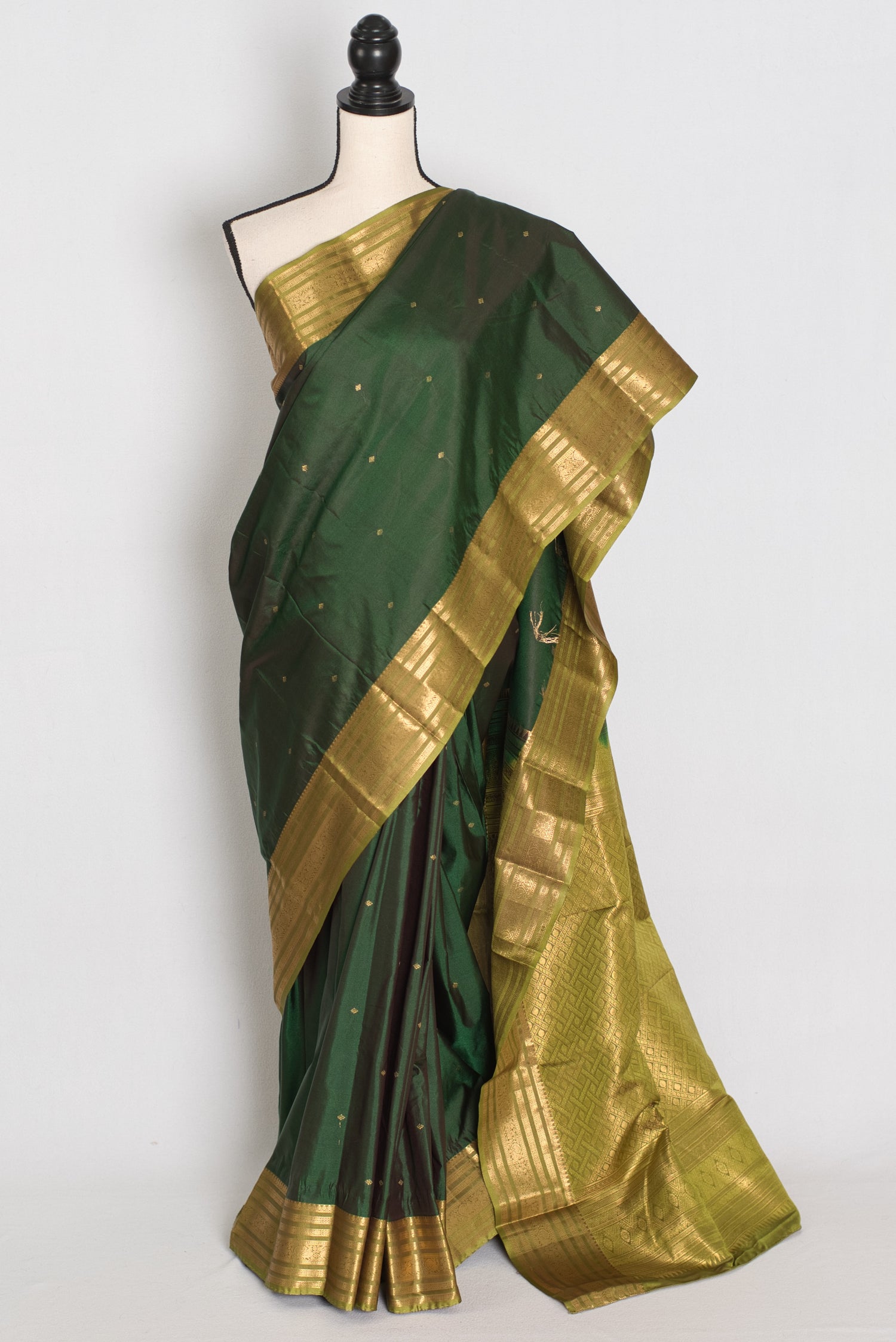 Mytheli – Deep Forest Green Kanjivaram Poly Silk Saree with Moss Green Border image 0
