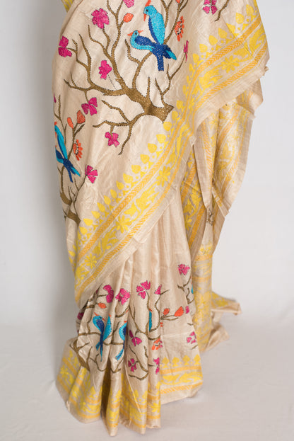 Srija : Beige and Yellow Hand Embroidered Kantha Stitch Pure Gachi Tussar Saree image 5
