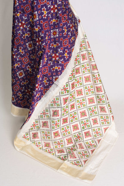 Malathi : Silk Mark Certified Navarathan Patola Saree in Purple and Off White image 3