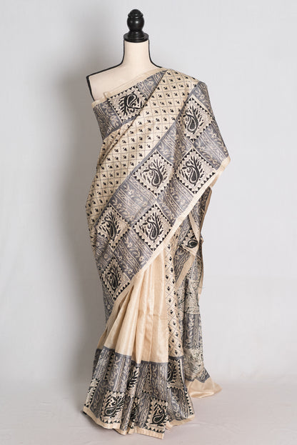 Rhythm : Beige Hand Embroidery Kantha Stitch Gachi Tussar Silk Saree image 0