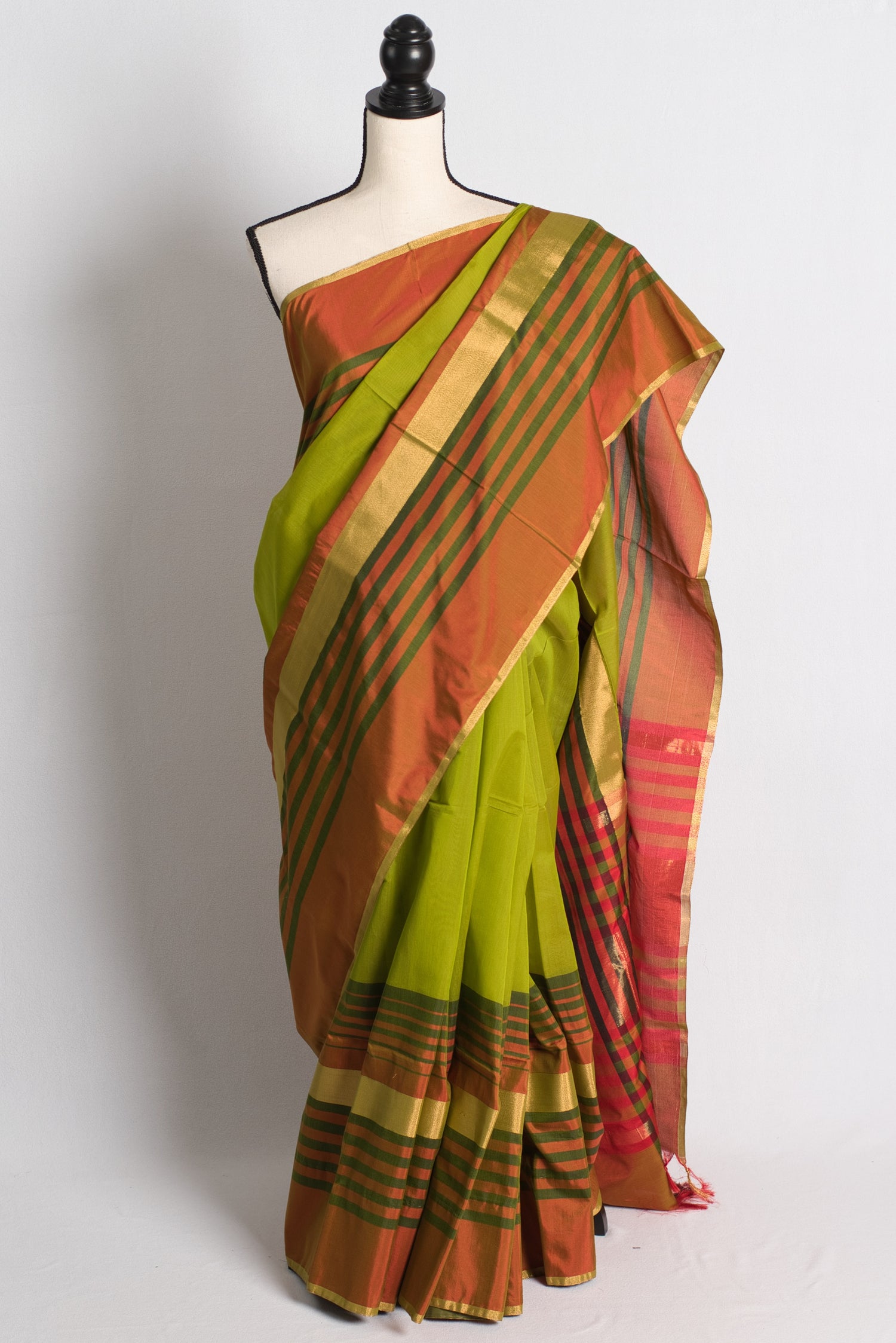 Cotton SIlk Maheshwari Saree in Green, Red and Black image 0