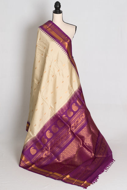 Sree : Clay White and Purple Handwoven Gadwal Silk Saree with Gold Zari image 1