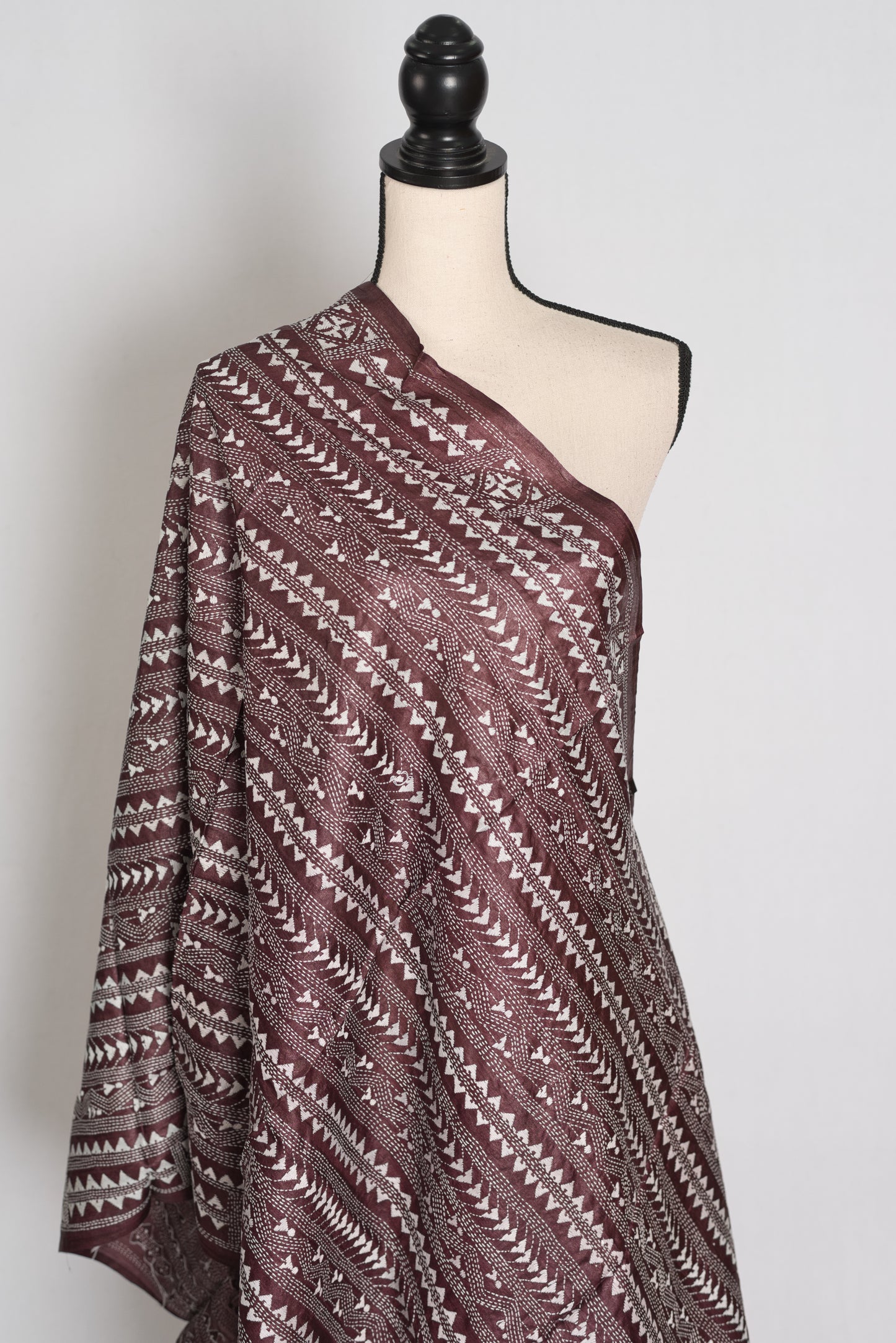 Artisanal West Bengal Dark Brown Pure Desi Tussar Silk Kantha Dupatta image 1
