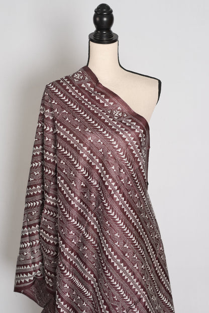 Artisanal West Bengal Dark Brown Pure Desi Tussar Silk Kantha Dupatta image 1