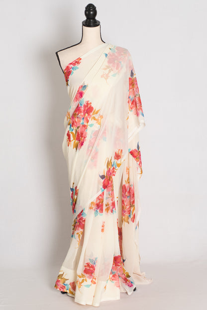 Liza : Cream and Red Floral Printed Chiffon Georgette Saree image 0