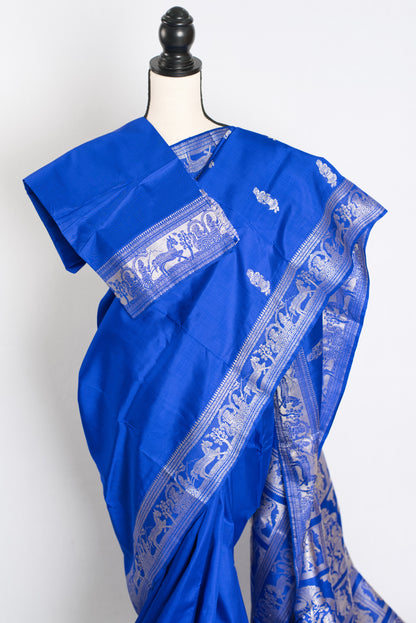 Indrani : Traditional Baluchari Silk Saree from Bengal in Royal Blue image 2