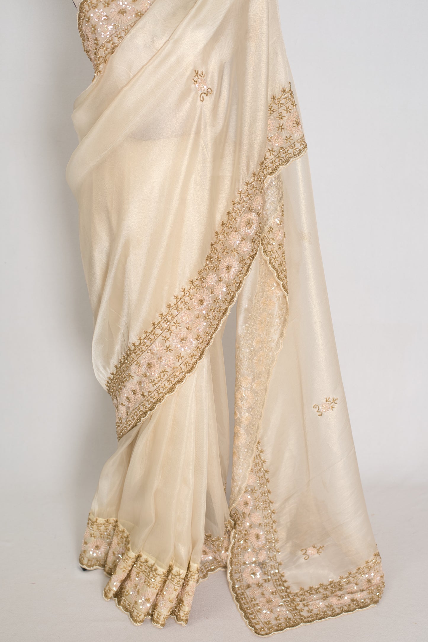 Shruti | Cream & Gold Soft Tissue Embroidered Wedding Saree | Pastel Collection image 6