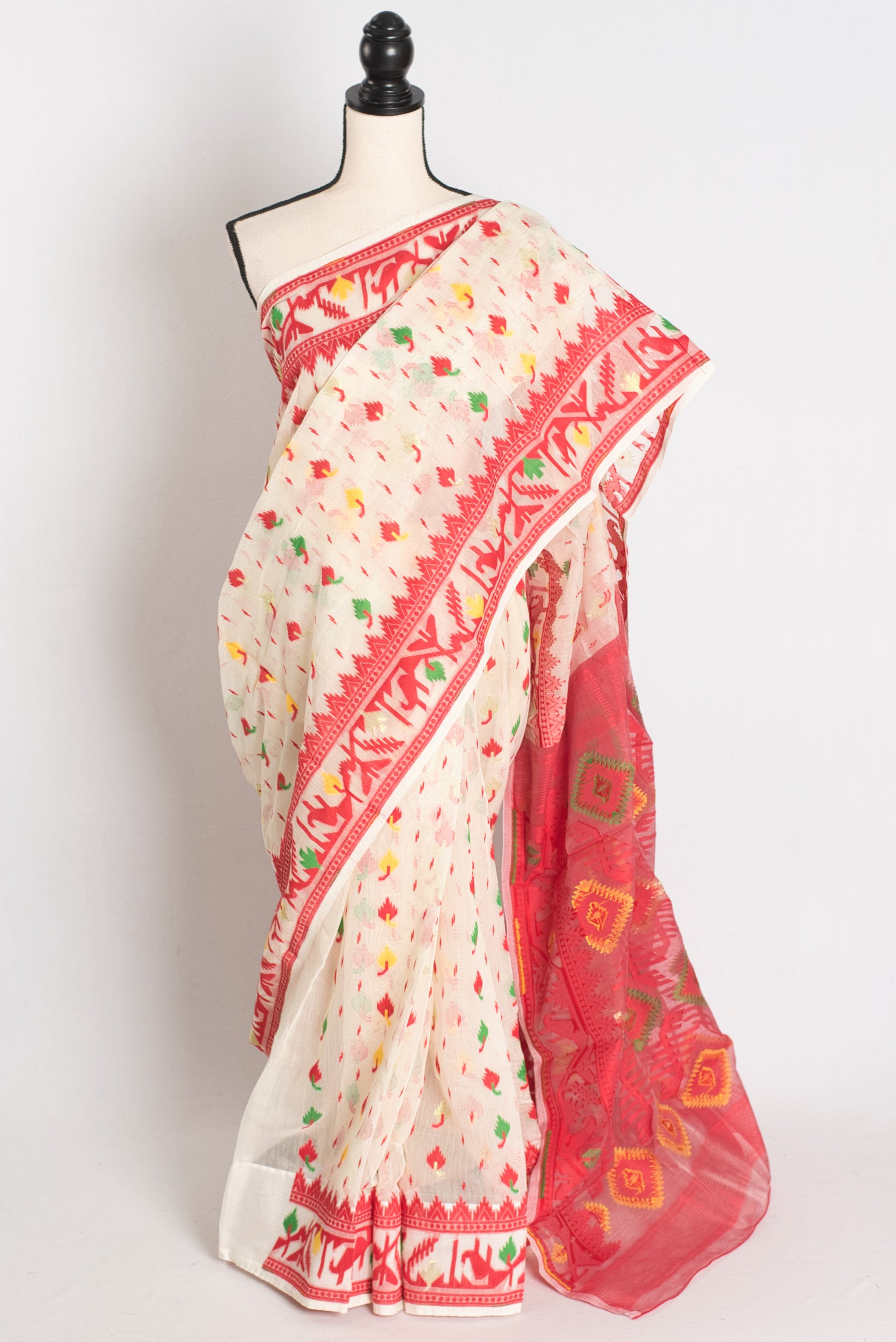 Mitali : Off White and Red Blended Soft Cotton Jamdani Bengali Saree image 0
