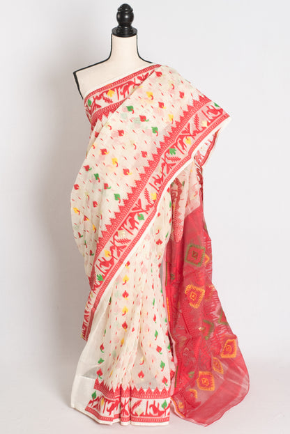 Mitali : Off White and Red Blended Soft Cotton Jamdani Bengali Saree image 0