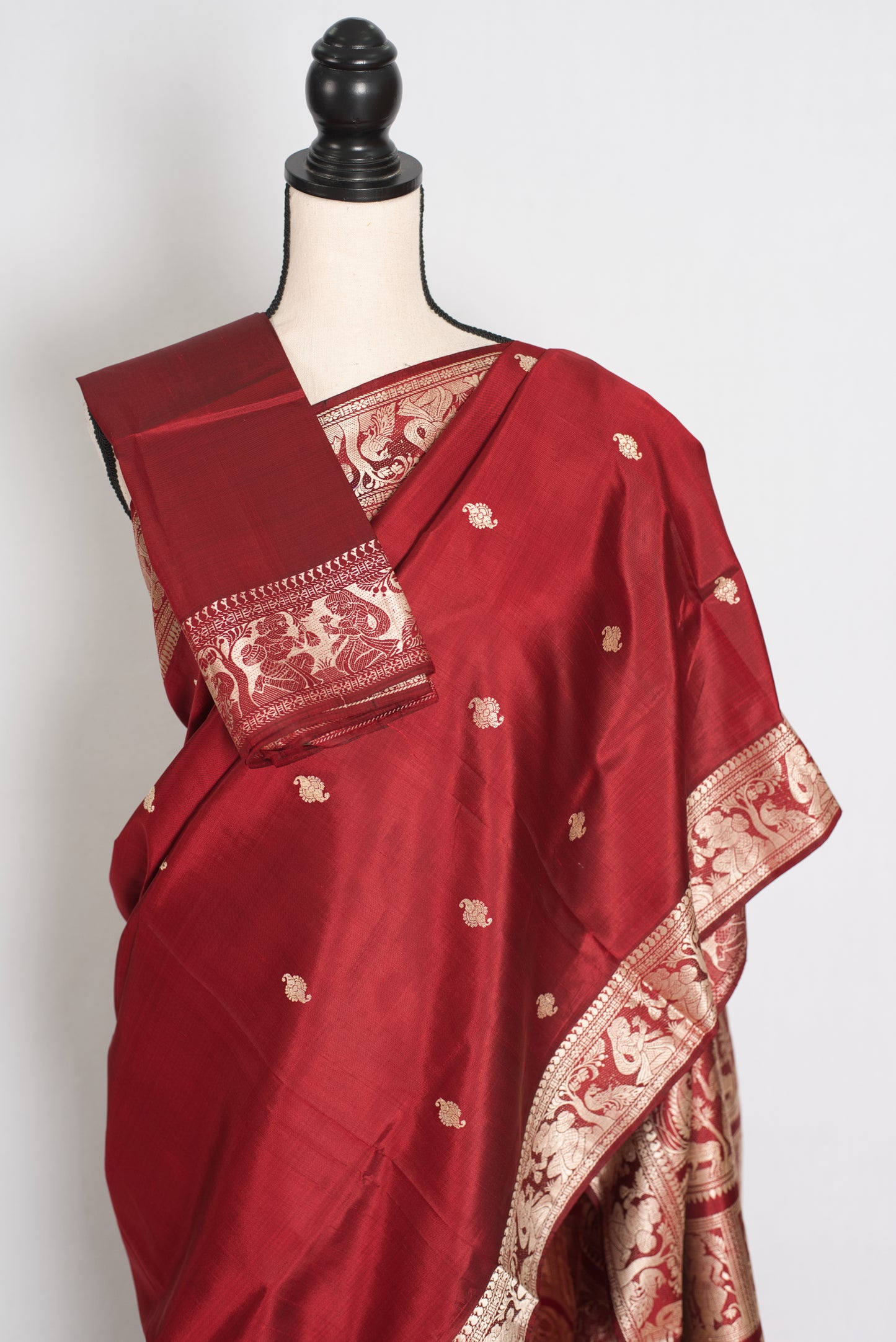 Pritha | Royal Maroon and Cream Handwoven Baluchari Pure Silk Saree image 2