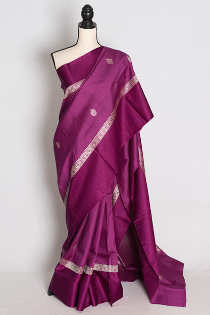 Girish : Deep Plum Tussar Silk Banarasi Handwoven Saree with Solid Satin Border image 0