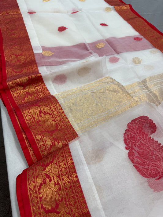 Saraswati : White and Red Semi Muslin Banarasi Saree image 0