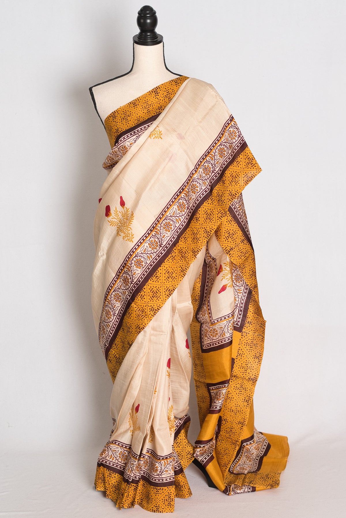 Mati : Cream and Mustard Yellow Printed Pure Silk Saree with 38 Size Blouse image 0