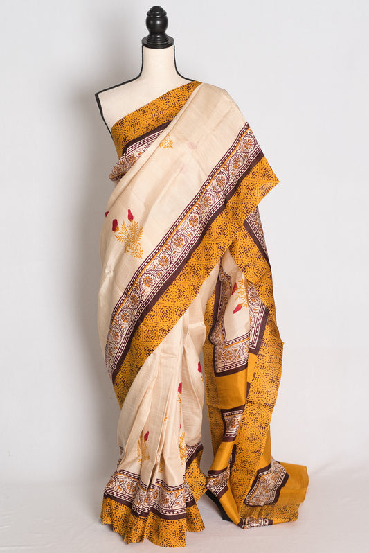 Mati : Cream and Mustard Yellow Printed Pure Silk Saree with 38 Size Blouse image 0
